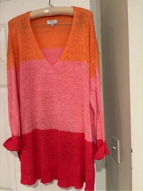 Mud Pie Colorblock V-Neck Long Sleeve Dress in Orange, Pink, Hot Pink One Size